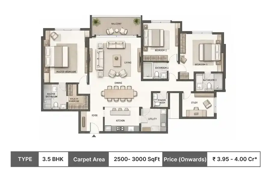 Lodha Hopefarm Whitefield 3.5 BHK floor plan, 2500 sq ft saleable area